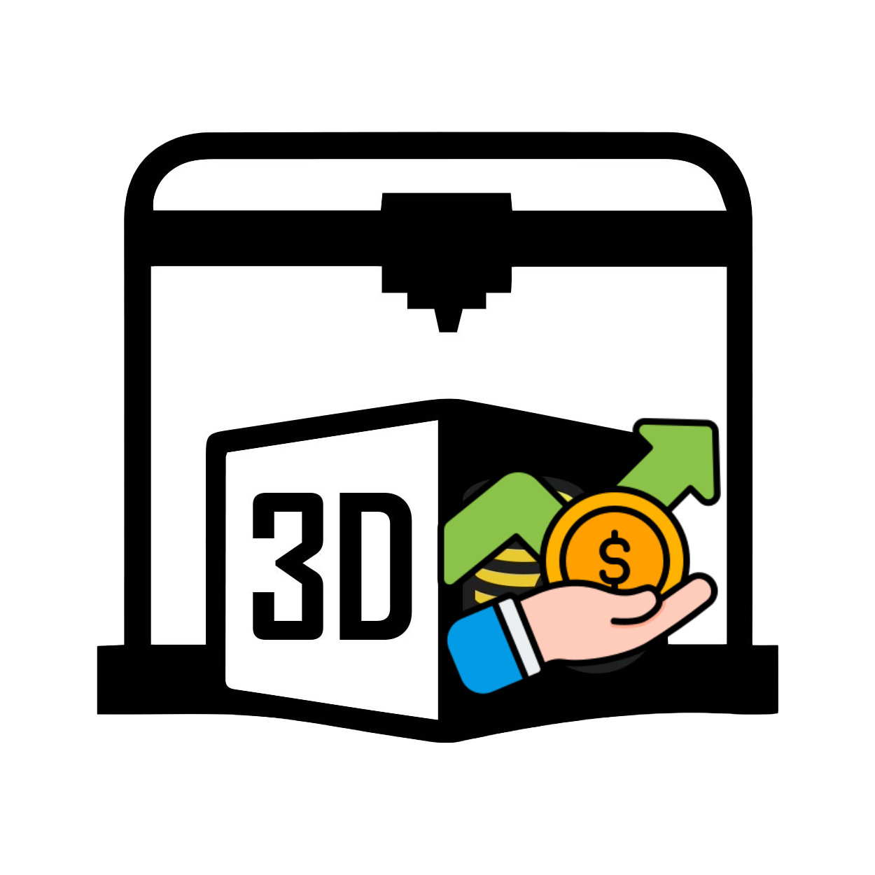 Pictogram van een 3D-printer met een hand die een muntstuk vasthoudt en een stijgende pijl