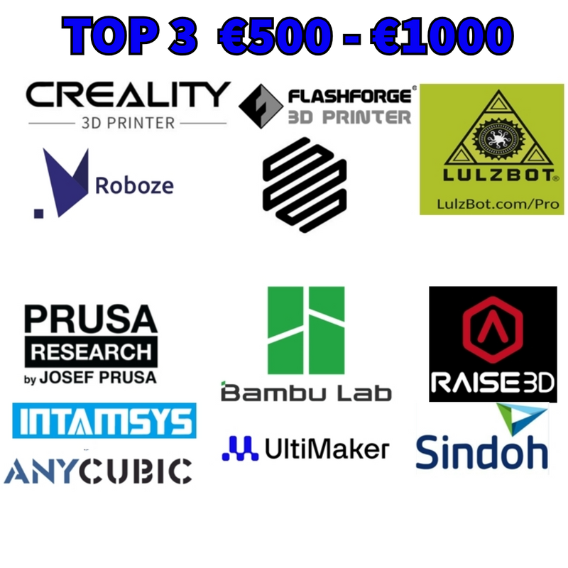 Logo’s van printermerken met de kop Top 3 tussen 500 en 1000 euro