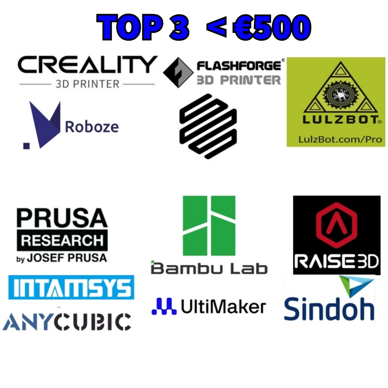 Logo’s van printermerken met de kop Top 3 onder de 500 euro