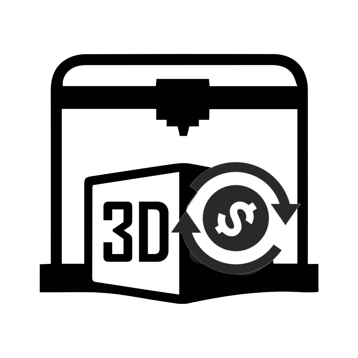 Pictogram van een 3D-printer met een muntstuk en twee pijlen in een kringloop