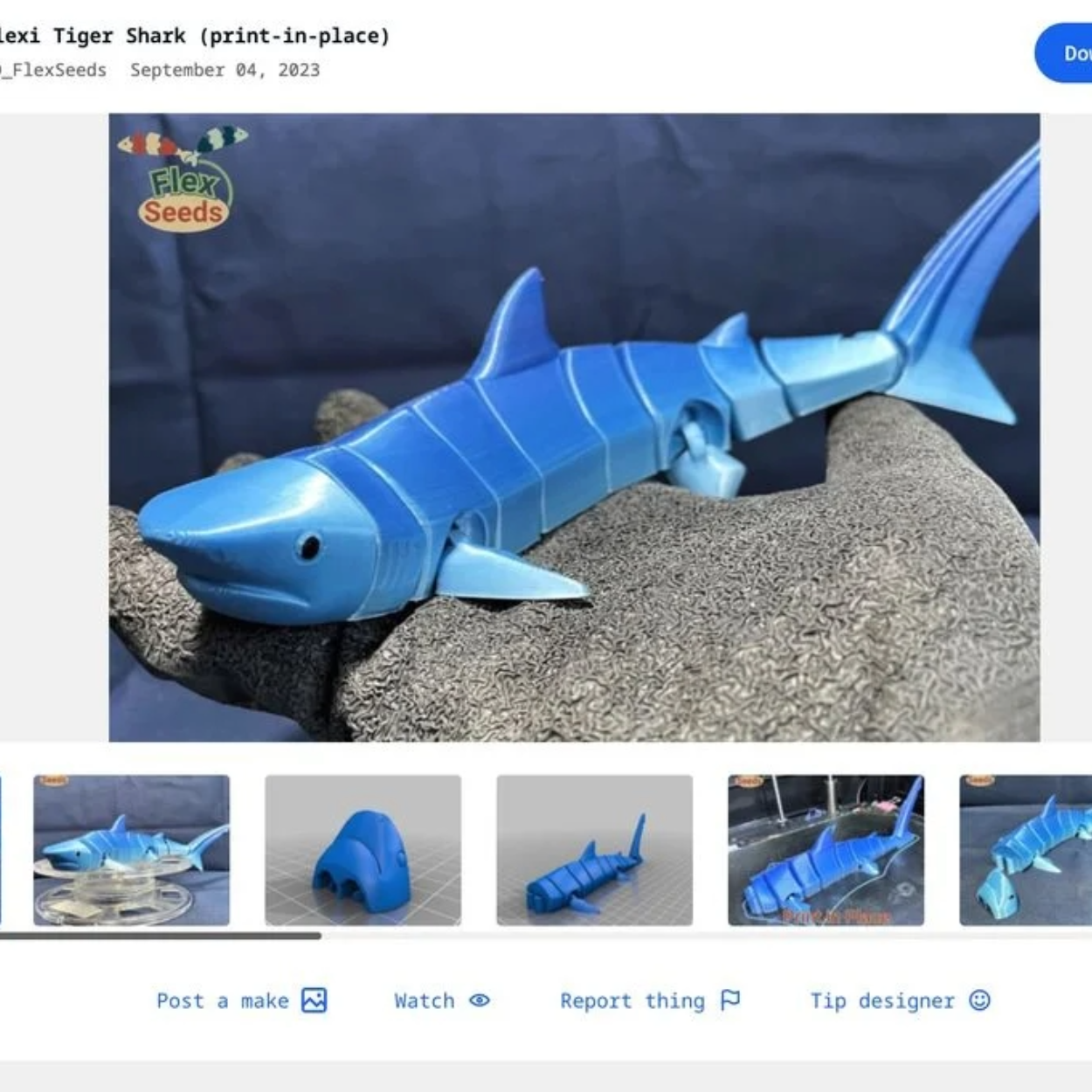 Downloadpagina van een blauwe geprinte tijgerhaai die uit een stuk beweegt
