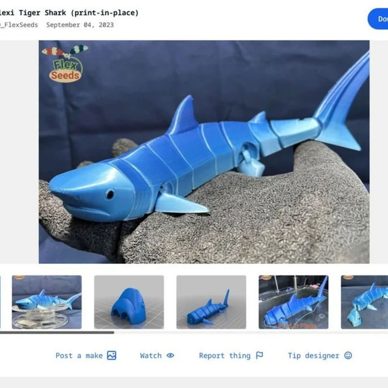 Downloadpagina van een blauwe geprinte tijgerhaai die uit een stuk beweegt