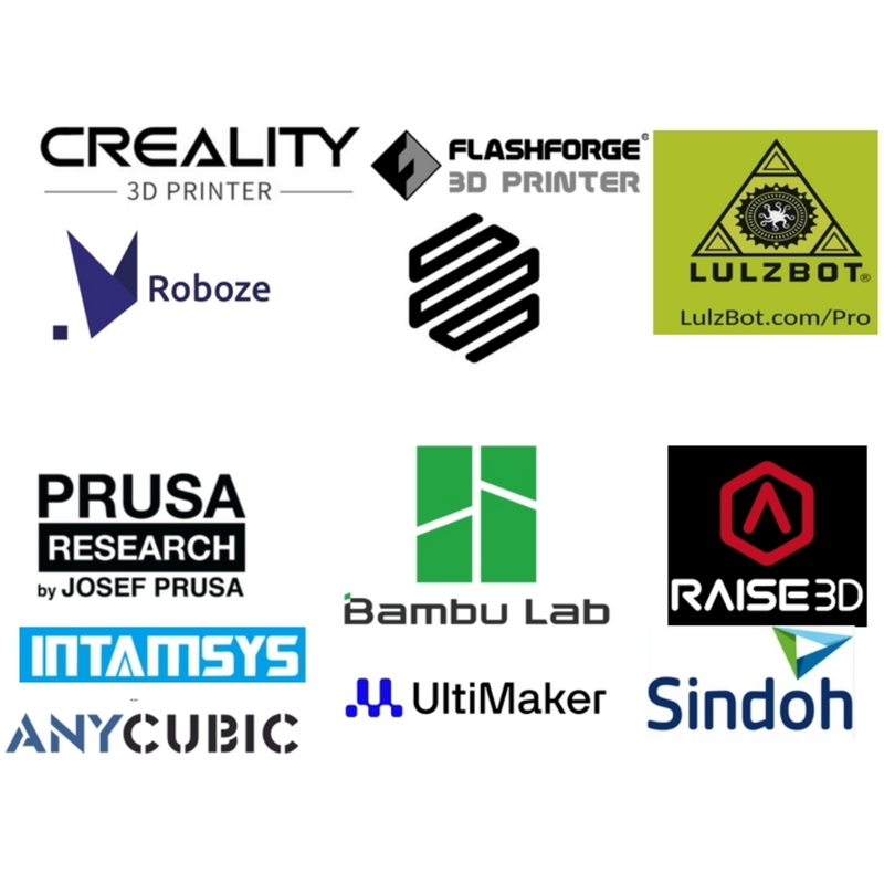 Logo’s van 3D-printermerken waaronder Creality, Prusa, Bambu Lab en Anycubic