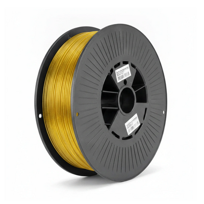 Zwarte spoel met doorschijnend geel PETG filament van 1,75 mm en 1 kilo op de rol