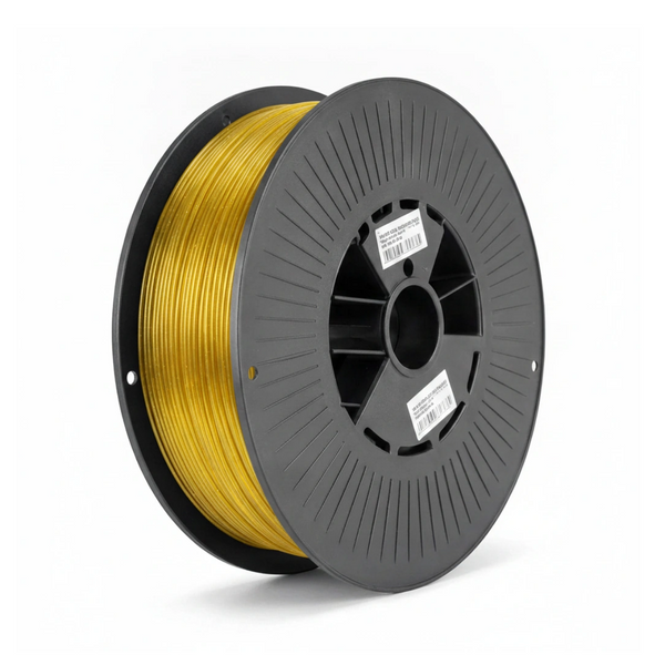 Zwarte spoel met doorschijnend geel PETG filament van 1,75 mm en 1 kilo op de rol