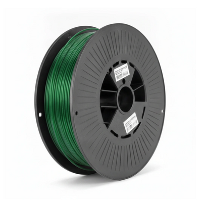 Zwarte spoel met doorschijnend groen PETG filament van 1,75 mm en 1 kilo op de rol