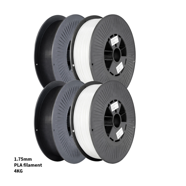 Vier rollen PLA filament van 1,75 mm, twee zwart en twee wit, samen 4 kilo