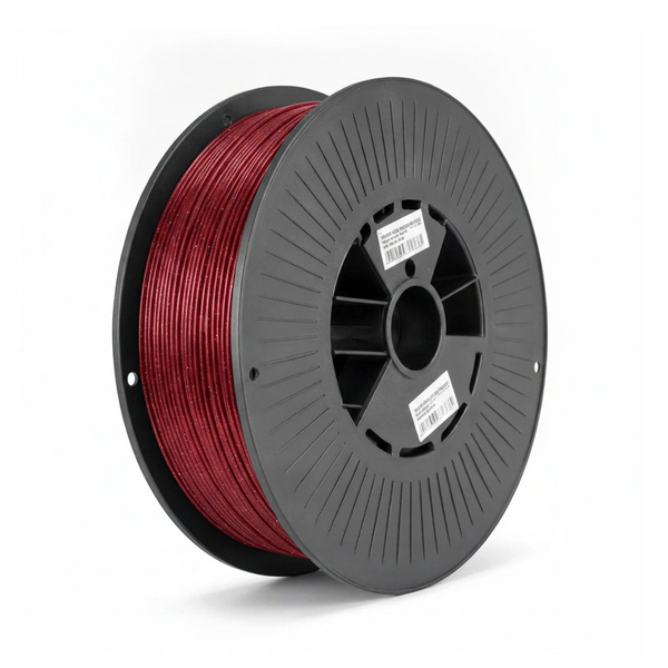 Zwarte spoel met doorschijnend rood PETG filament van 1,75 mm en 1 kilo op de rol